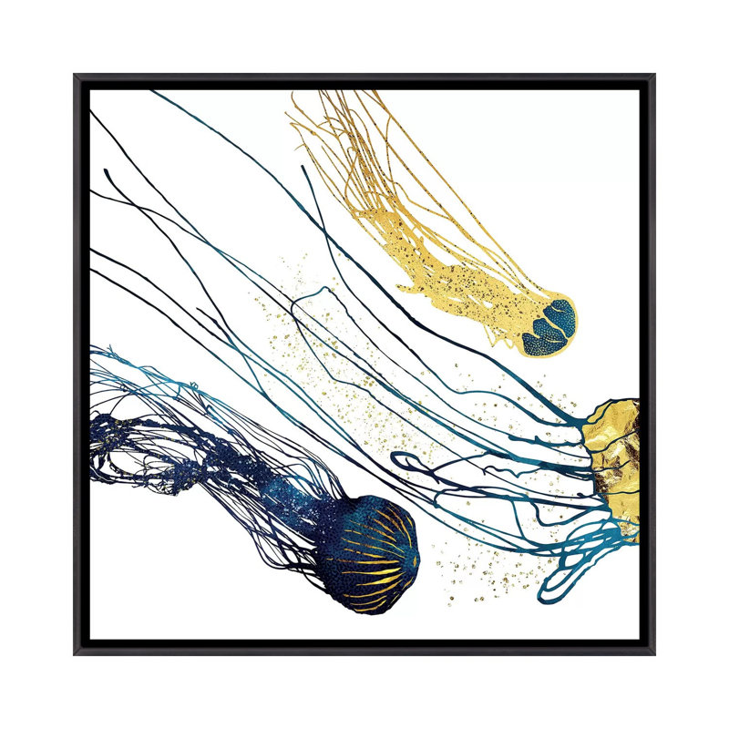 Métallique méduse II - impression d'art graphique, Toile avec cadre noir patiné, Aucun mat, H 26 po x l 26 po x P 1,5 po