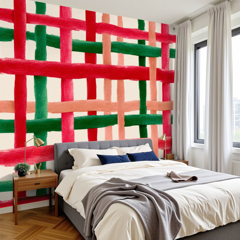Papier peint adhésif pelez et collez à rayures écossais vert et rouge, art mural autoadhésif et amovible