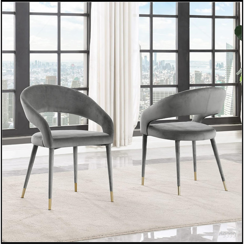 Ensemble de 2 chaises de salle à manger Modern Velvet, pieds en bois avec embouts dorés, gris, Gris
