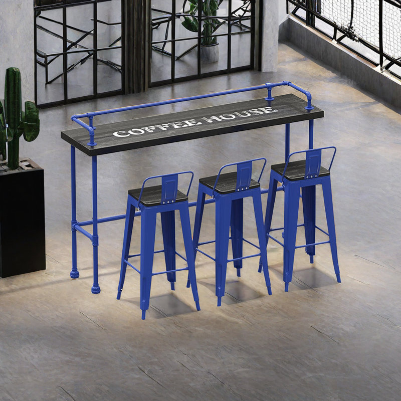 Karez Solid Wood Top Trestle Dining Set, 4, Blue, Blue/Black