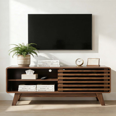 Meuble télé avec rangement, meuble audio-vidéo avec porte coulissante à lattes, meuble télé de style moderne Mid-Century, console média pour le salon