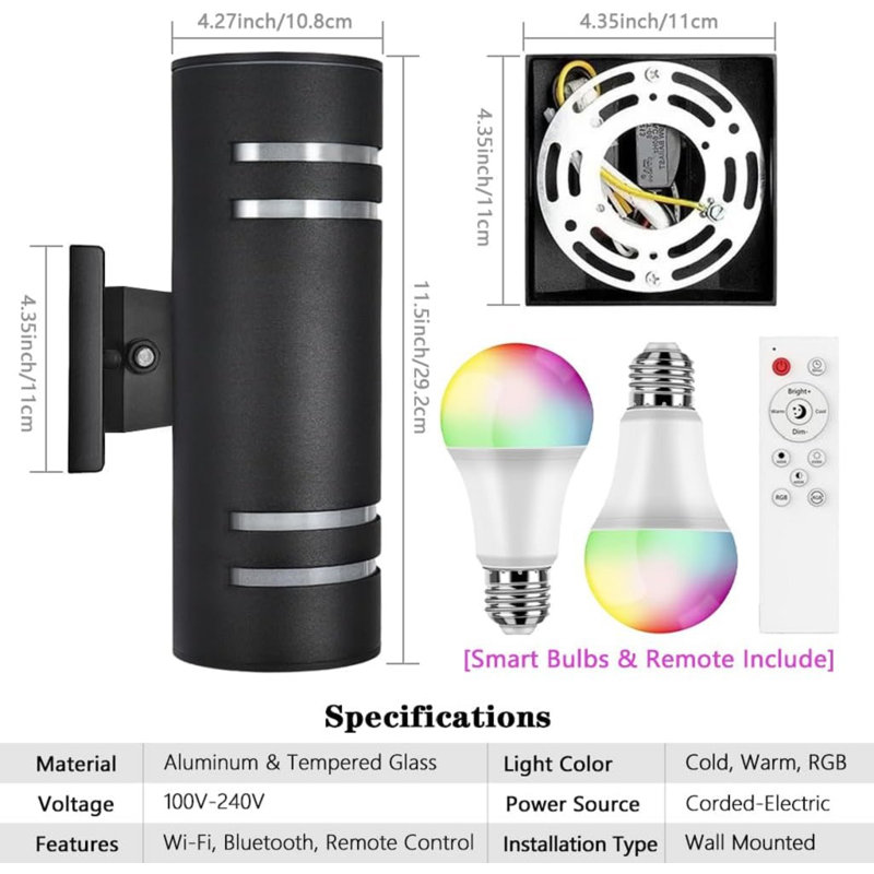 Smart Wifi LED Outdoor Wall Sconce 2 Pack, Up And Down Lights Ambience Color Changing, Cylinder RGB Outdoor Lights For House Garage Exterior Light Fixture No Hub Required, ETL Listed