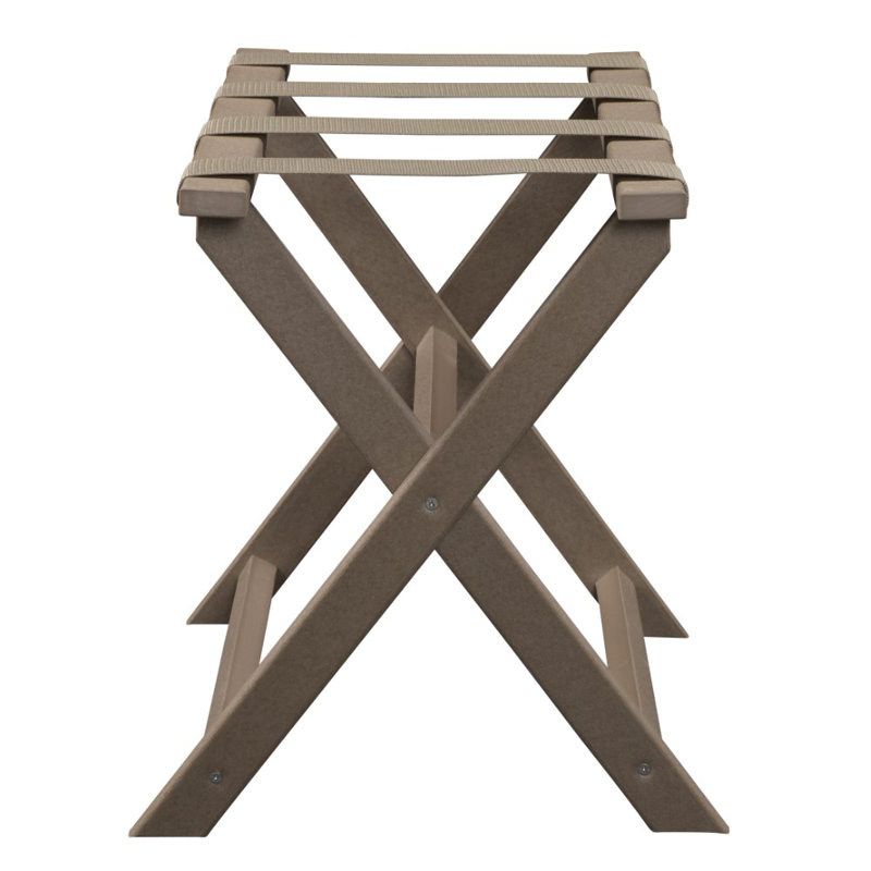 Eco-Friendly Taupe Folding Luggage Rack with Dark Tan Straps