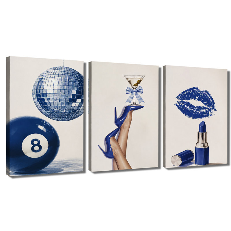 Tableau en 3 panneaux, motif disco tendance bleu, talons hauts et rouge à lèvres, impression sur toile, décoration murale rétro pour filles