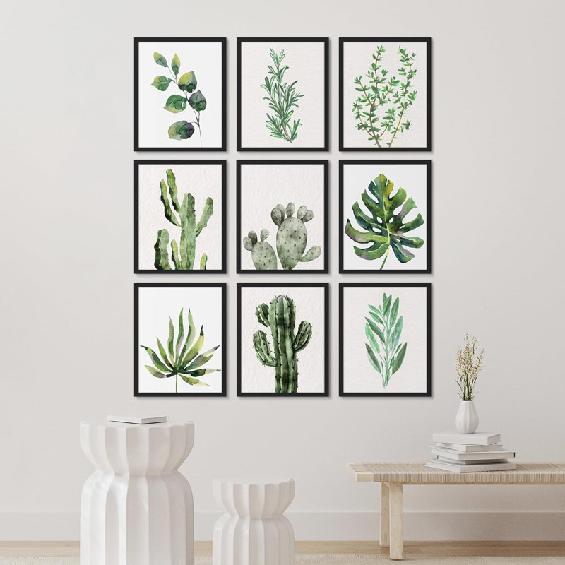 «Green Tropical Cactus Monstera Plant Nature Wildernesss», art moderne encadré sur papier, 9 pièces, Cadre noir