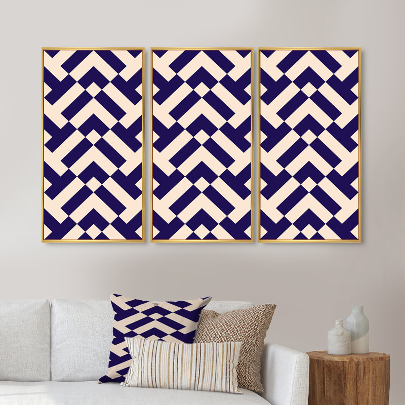 «Blue and Pink Geometrics», ensemble de 3 reproductions d'art encadrées sur toile, H 20 po x l 36 po x P 1 po, Or