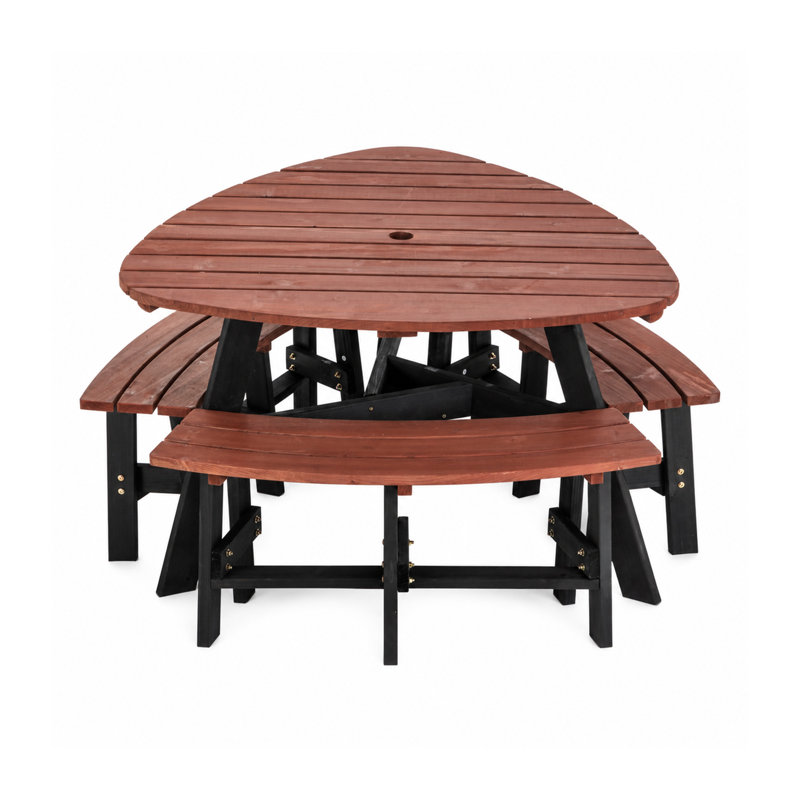 Ensemble de table de pique-nique semi-circulaire pour 6 personnes avec bancs intégrés et trou pour parasol
