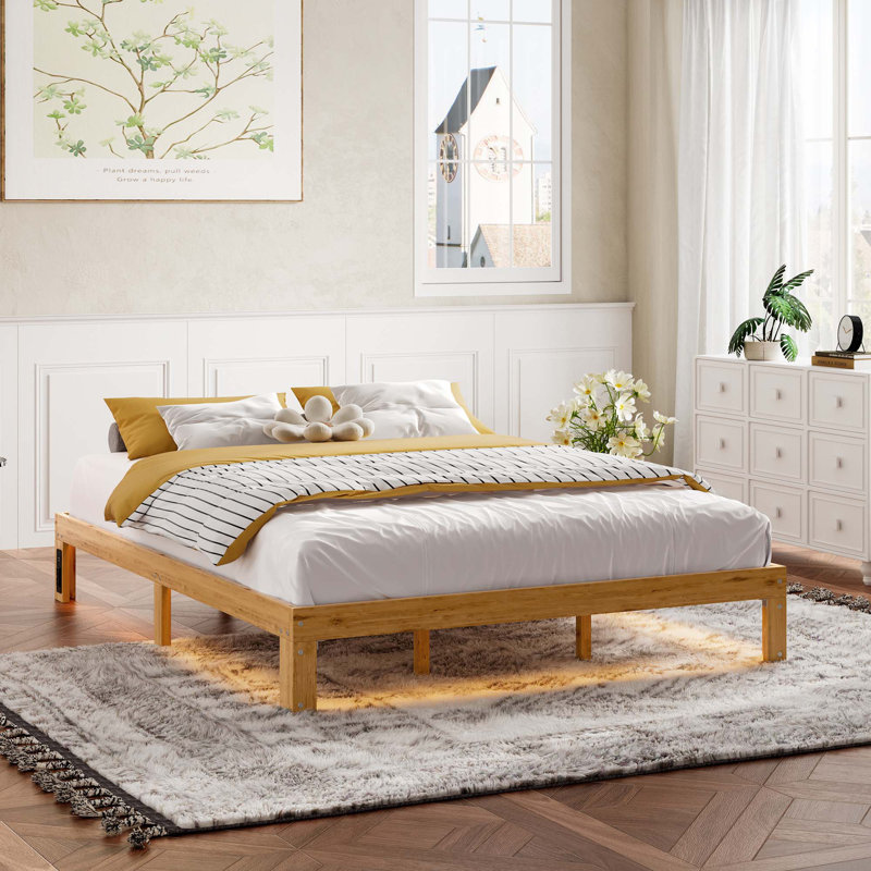 Cadre de lit plateforme grand en bois - Cadre de lit grand en bois massif de 12 pouces avec support de lattes, aucun sommier requis, assemblage facile - pin rustique