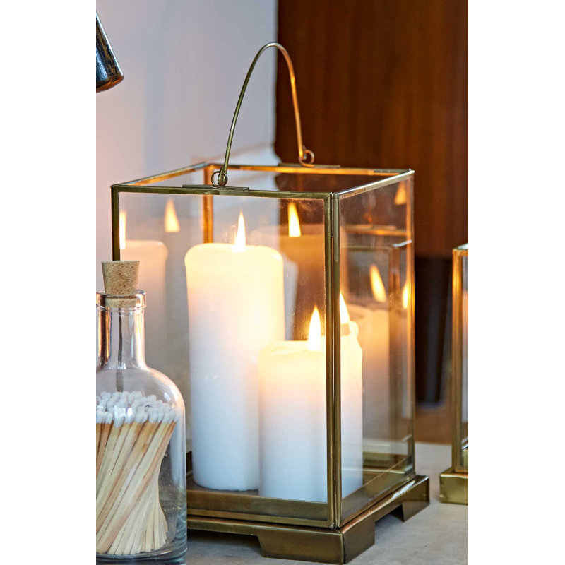 Antique Brass Candle Lantern, 23cm H x 15cm W x 15cm D