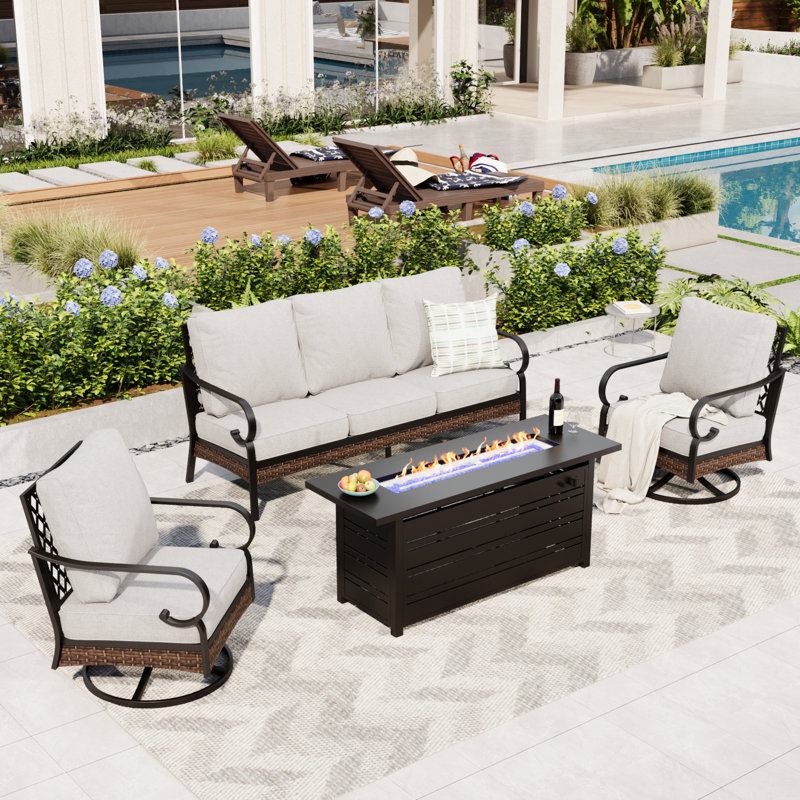 5 Person Outdoor Conversation Set With Swivel Lounge Chairs & Fire Pit Table, Black/Light Gray/Black