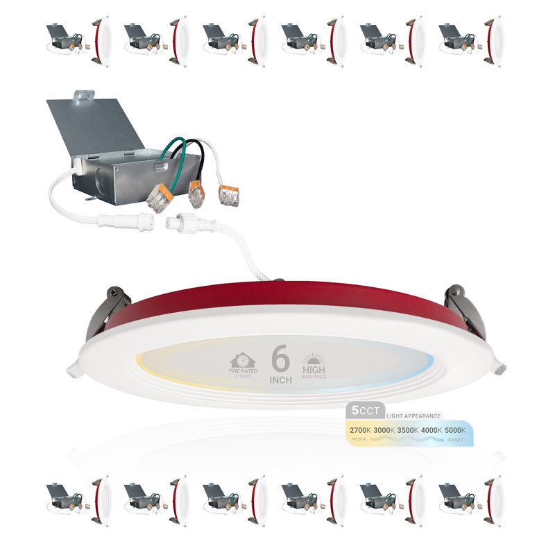 6 Inch 2HR Fire Rated Canless Recessed Ceiling Light Baffle Trim 1200 Lumens, WET Rated, 5CCT Selectable, Dimmable 120V 12PK