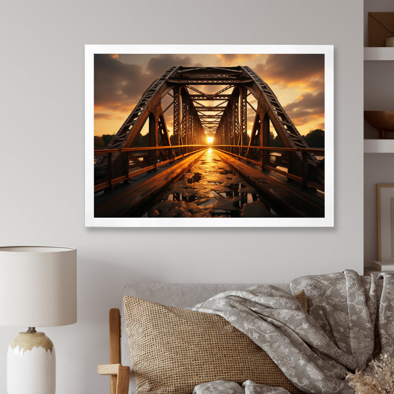 Pont jaune à l'aube II - reproduction d'art sur toile, H 30 po x l 40 po x P 1,5 po, Cadre photo blanc