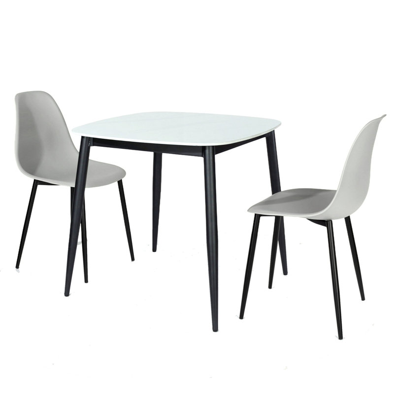 Aspen Gloss White Sintered Stone Square Table with 2 Curve Plastic Chairs - Modern Dining Set, Grey