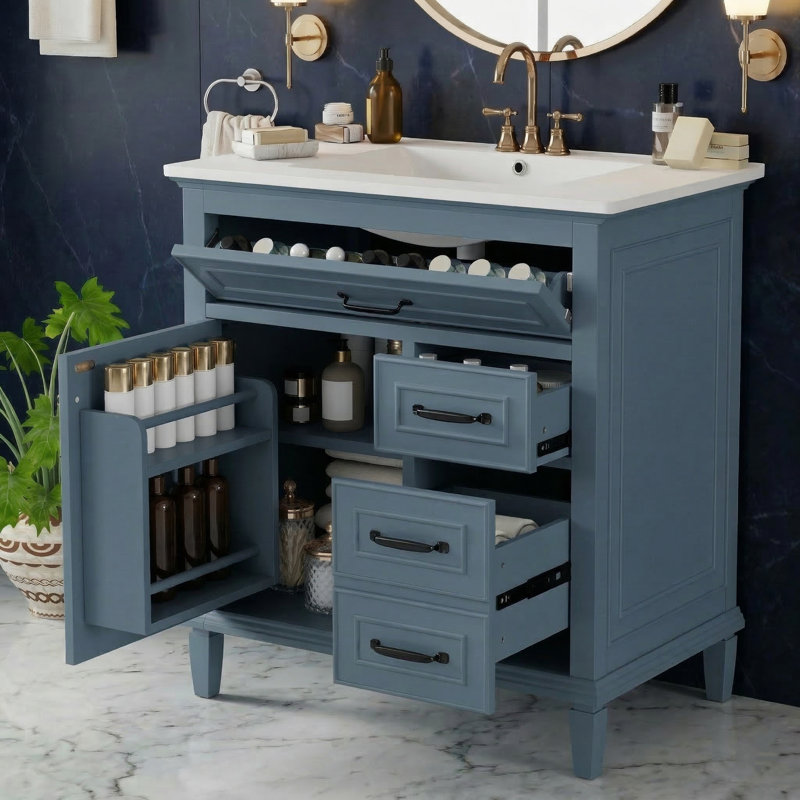 Meuble-lavabo simple autoportant de 30 po avec tiroir basculant et armoire de rangement réglable, Bleu cendré