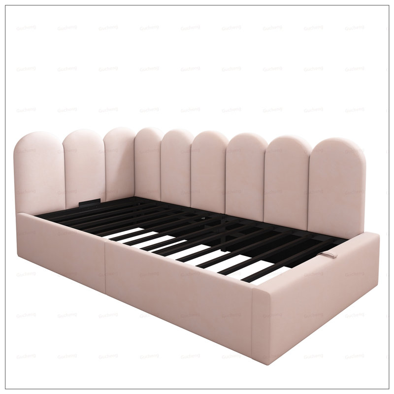 Upholstered Daybed with Hydraulic Storage, Twin Size, Velvet Fabric, Metal Slatted Frame, Space-Saving Design, Pink