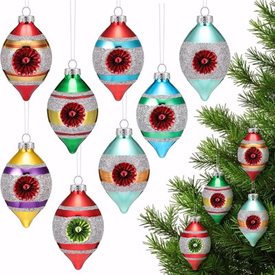 Retro Christmas Glass Finial Ornaments with Reflective Accents, Vintage Tree Decorations