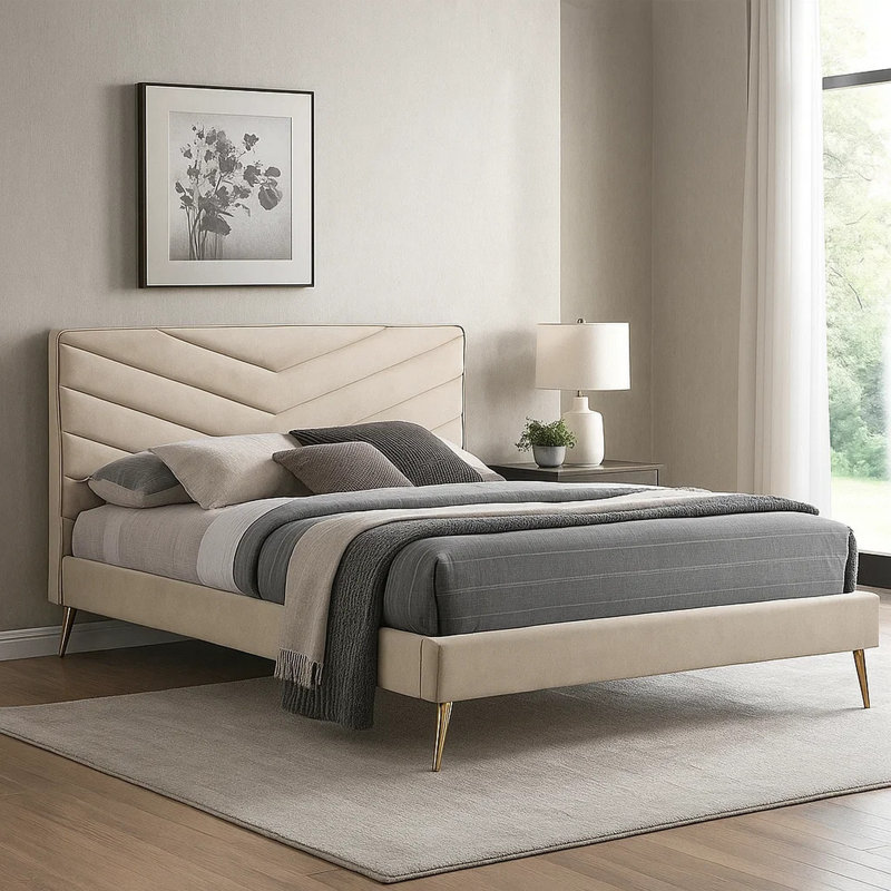 Lit double Vevy, revêtement en flanelle beige capitonnée à chevrons, Complète