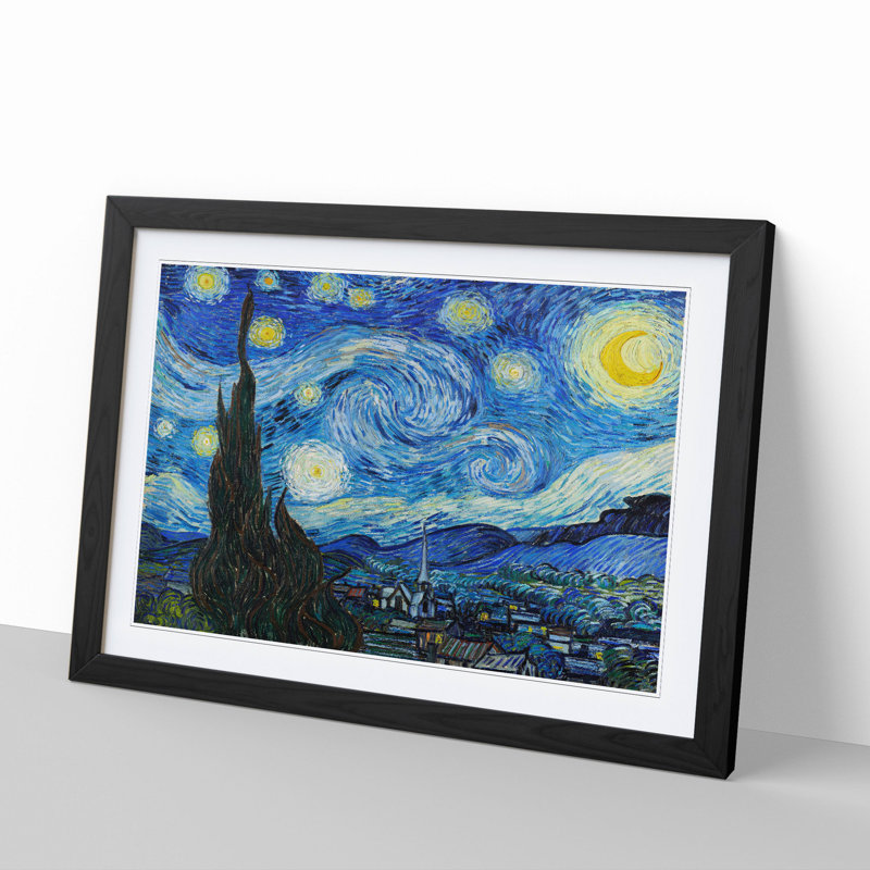 The Starry Night by Vincent Van Gogh - Picture Frame Painting on MDF, 27cm H x 36cm W x 2cm D, Black Framed