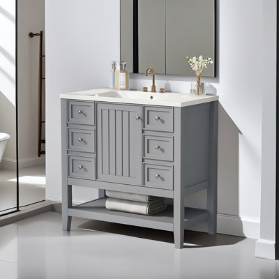 36" Bathroom Vanity With Sink Combo, One Cabinet And Three Drawers, Solid Wood And MDF Board