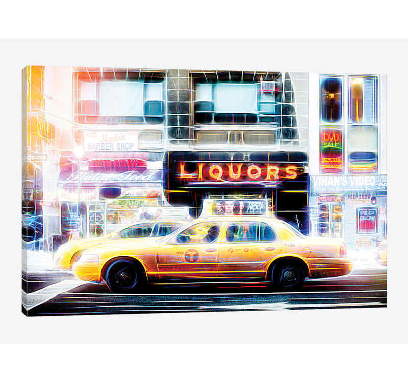 « liqueurs taxi » sur toile, H 40 po x l 60 po x P 1,5 po, Toile tendue, Pas de tapis