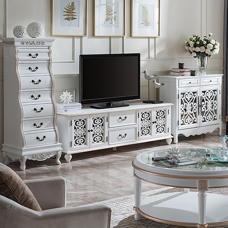 Meuble télé rétro, H 22,8 po x L 78,7 po x l 15,7 po, Argenté / blanc