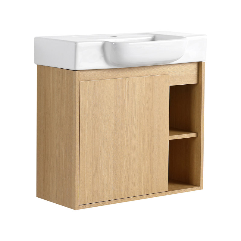 Meuble-lavabo mural avec lavabo en céramique et porte à fermeture en douceur, Chêne clair, 24"