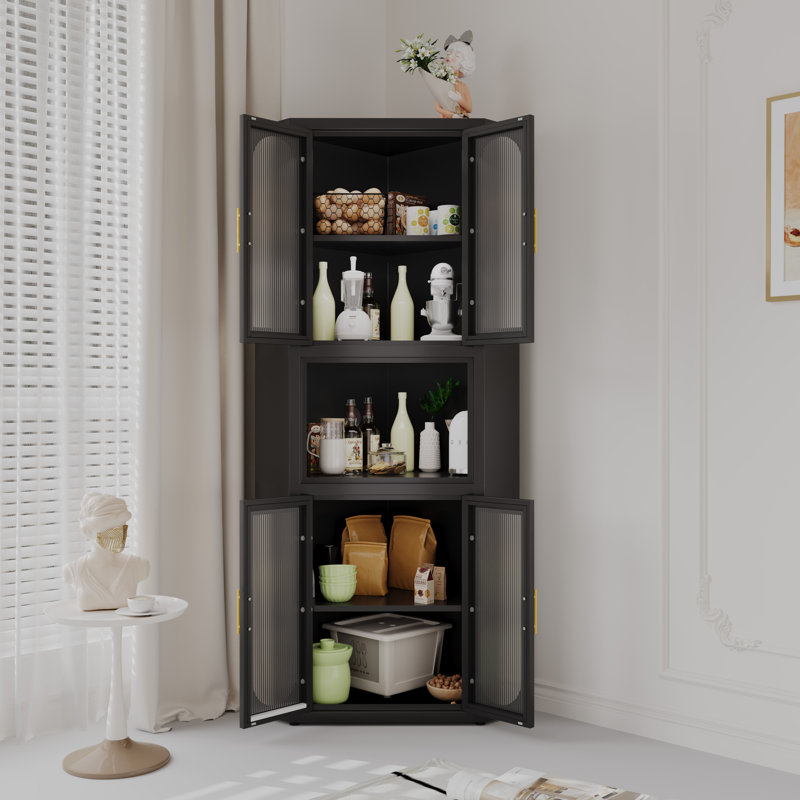 Accent Metal Sturdy Tall Corner Storage Cabinet For Kitchen Home Office, Black