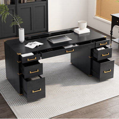 70" Classic Executive Desk - Black Oak Veneer MDF with Gold Handles & Metal Corner Guards, Features USB Charging Ports & Hidden Desktop Storage, Ideal for Home Office / Study / Living Room