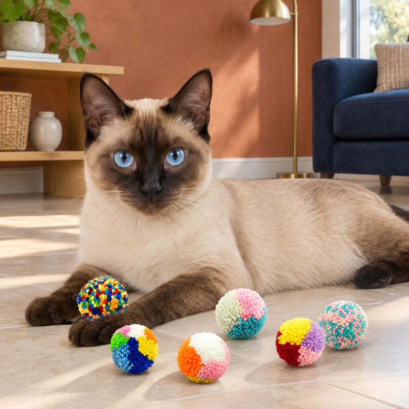 6-Piece Assorted-Color Wool Yarn Pom Pom Ball Set for Interactive Kitten Chasing