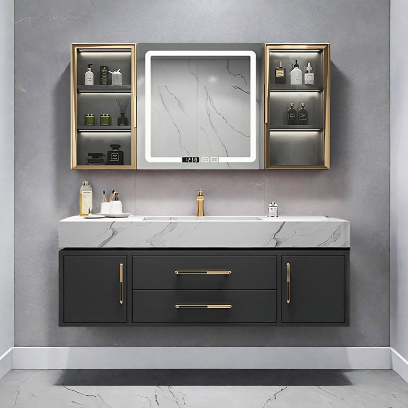Modern rock slab integrated basin bathroom cabinet, 55"
