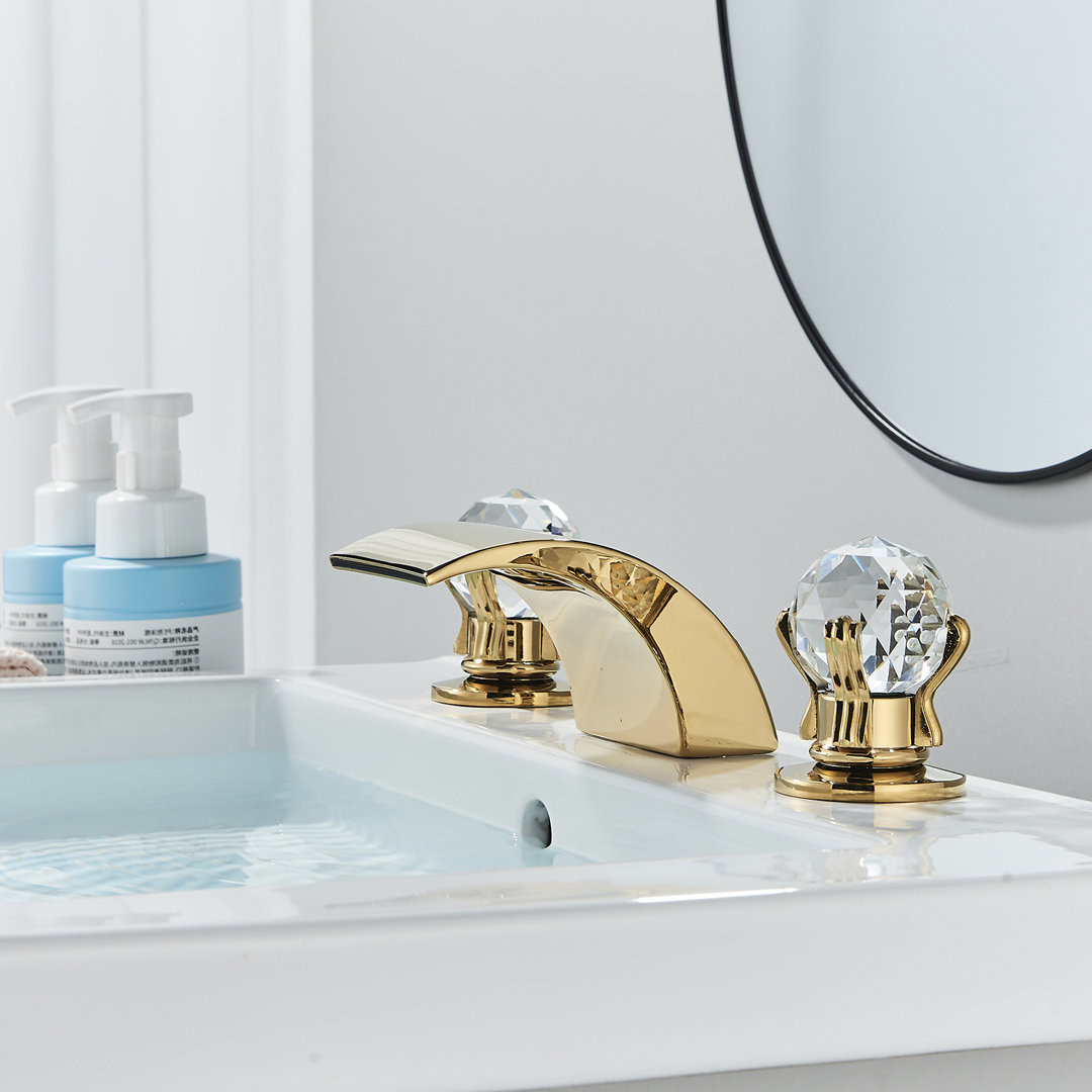 LED Light Bathroom Sink Faucet 3 Holes, 8 Inch Waterfall Faucets with Dual Crystal Handles Basin Mixer Tap, Widely Waterfall Spout 3 Color Changing Vanity Faucets with Supply Hose Augusts 