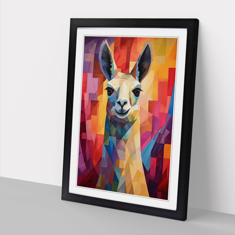 Llama Cubism - Single Picture Frame Print on Wood, 34cm H x 25cm W x 2cm D, Black Framed