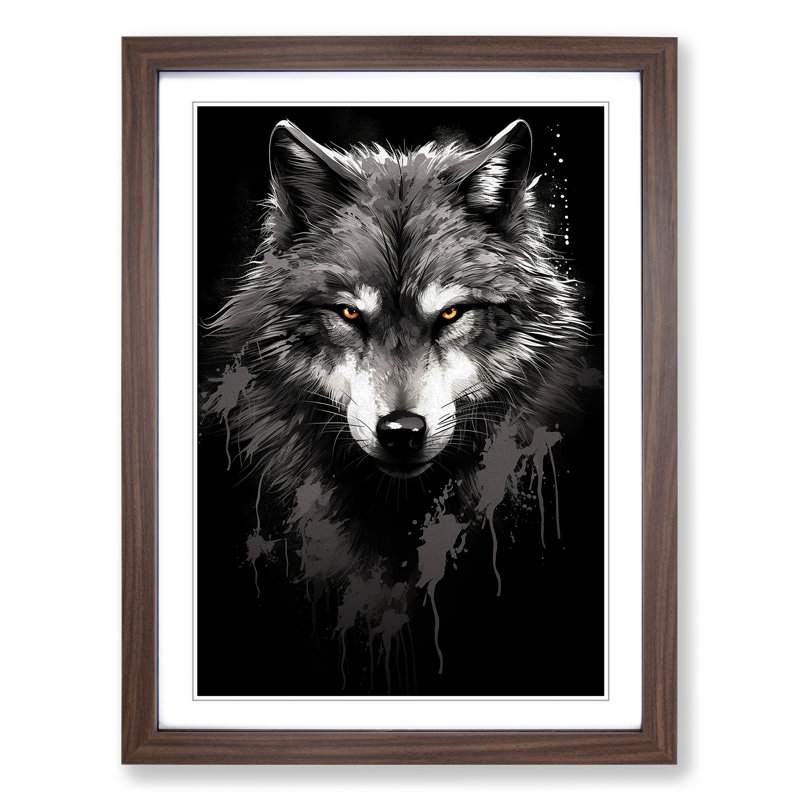 XYZ-FRM-V1223-1698 Wolf Line - Single Picture Frame Print on Wood, 34cm H x 25cm W x 2cm D, Walnut