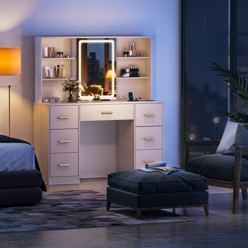 47'' Large Vanity Desk With Mirror And Lights, 7 Drawers, 8 Storage Shelves Vanity Table, Big Makeup Vanity Desk With 3 Led Lighting Modes, Vanity Dresser With Outlet, Sliding Mirror, White
