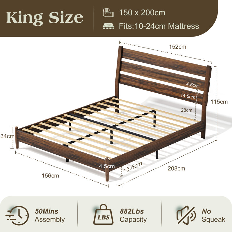 Mid-Century Modern Solid Wood Platform Bed with Slatted Headboard, Kingsize (5'), Brown