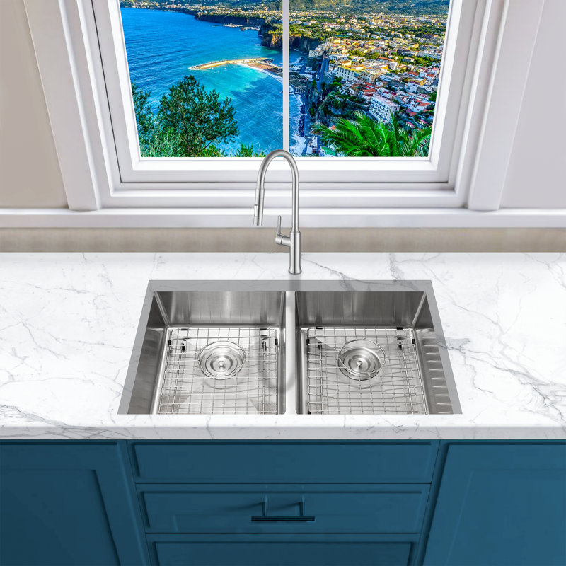 KBFmore Bowl Stainless Steel Kitchen Sink with Accessories, 3 Piece, 31"L x 18"W x 5.5"H - Double Bowl