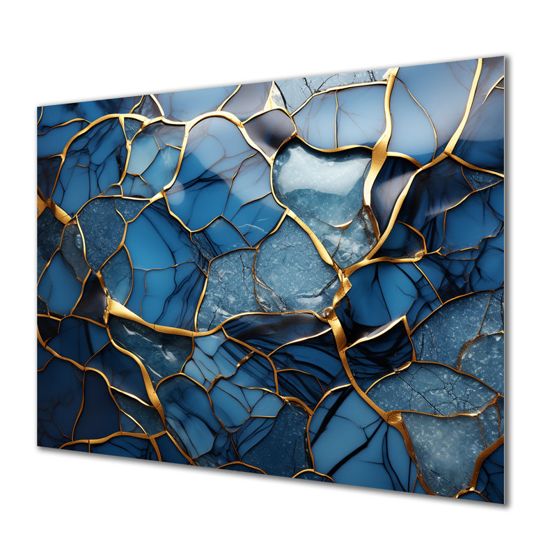 «Gold and Blue Marble Mosaic Agate III», reproduction d'art murale abstraite en métal, H 24 po x l 32 po x P 1 po