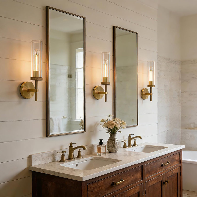 1 -  Light Modern Black Glass Wall Sconces Bathroom Vanity Light Fixtures (set Of 2), Brass