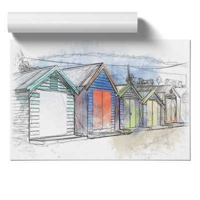 Colourful Beach Huts Sketch - Frameless Print