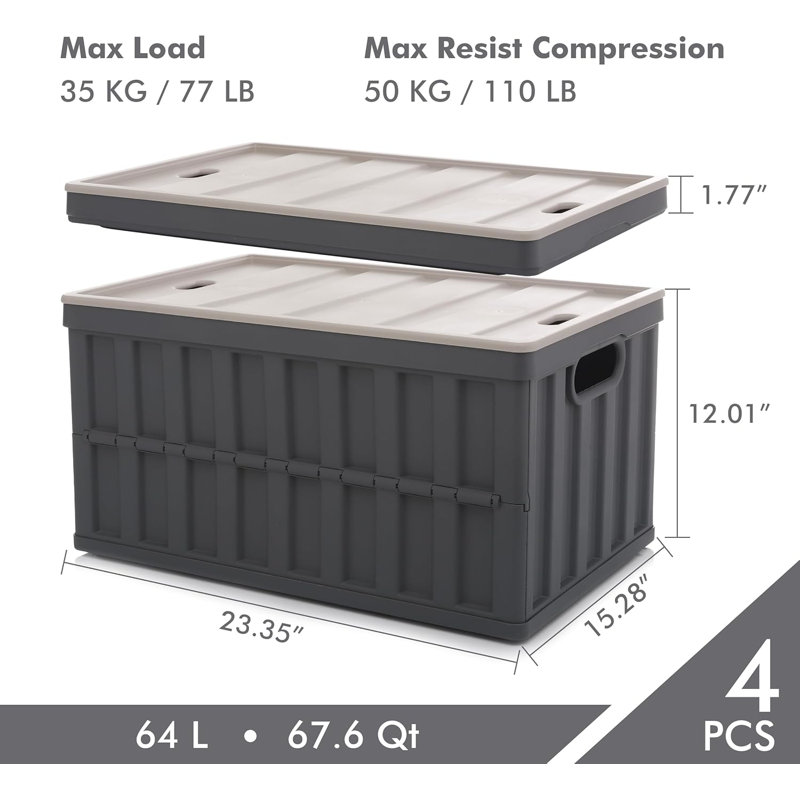 Bac de rangement pliable 64L avec couvercles en plastique gris (ensemble de 4)