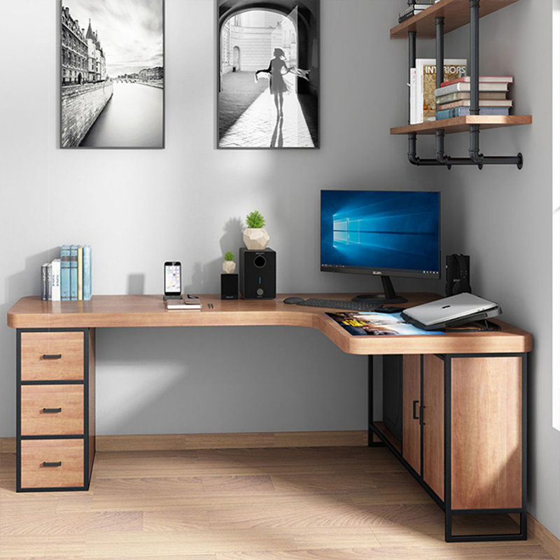 Bureau de direction en L en bois massif de couleur châtaignier clair avec tiroirs, 29.53" H x 78.74" W x 55.12" D