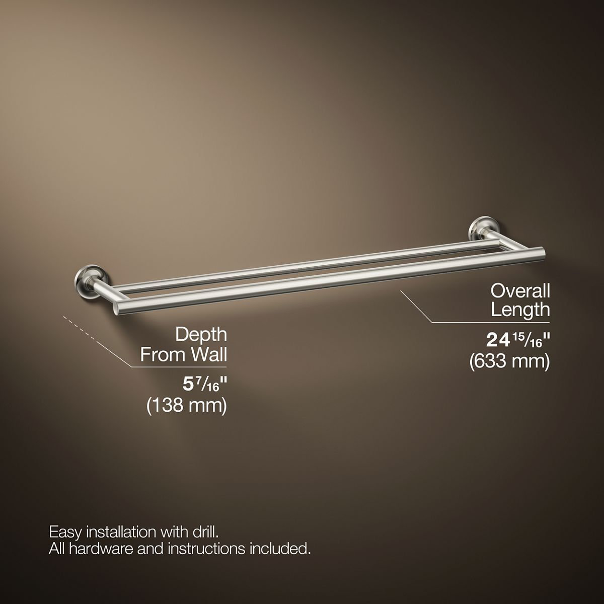 Purist 25" Double Wall Mounted Towel Bar, Vibrant Polished Nickel