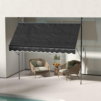 Outdoor manual retractable awning with support pole bracket