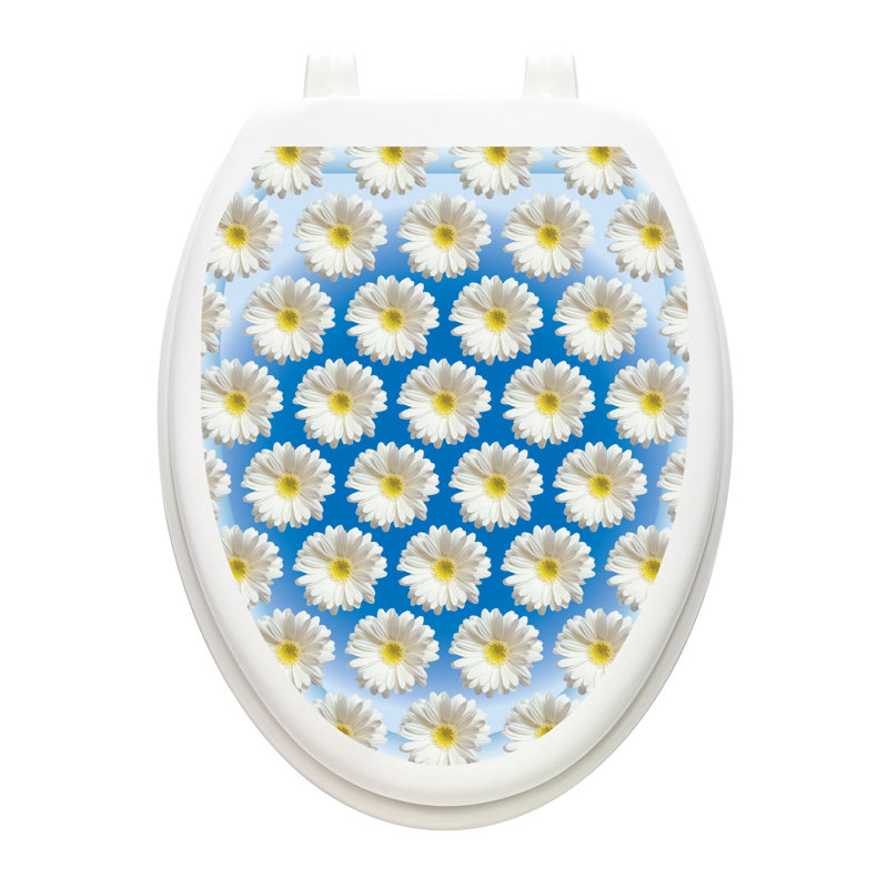 Décalcomanie de siège de toilette Floral White Daisies - Toilette moderne avec couvercle en vinyle, Allongé, Eau