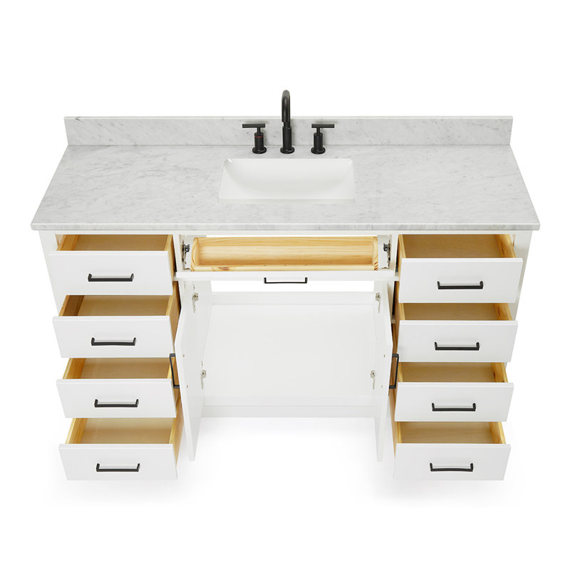 Jameal 60'' Solid Wood Single Bathroom Vanity with 0.75'' Carrara Marble Top Sink, White, Rectangular