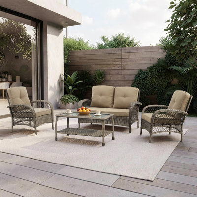 Modesto 4-Person Wicker / Rattan Outdoor Sofa Seating Group with Glass-Top Shelf-Storage Table & Cushions
