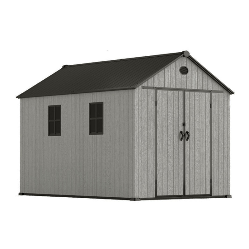 Gray wood-grain pointed-roof plastic tool shed