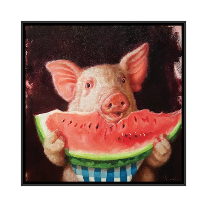 « porc out » sur toile, Toile avec cadre noir, H 18 po x l 18 po x P 1,5 po