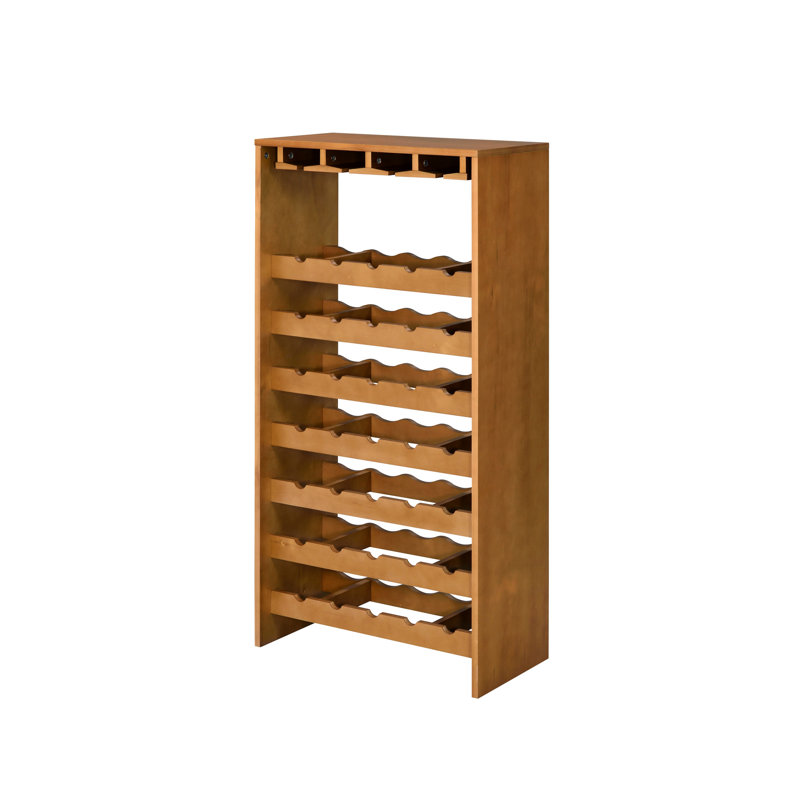 Support à vin pour 35 bouteilles en finition chêne, tablette à 7 niveaux, 4 porte-gobelets, panneau de particules, profondeur de 12 po, largeur de 24 po, hauteur de 48 po, plancher de 3 po, limite de poids de 100 lb, verrerie Kd intégrée et porte-verres à pied