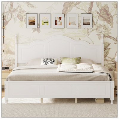 Structure de lit plateforme très grand avec tête de lit à vagues rétro, support de lattes en bois, aucun sommier requis, assemblage facile, structure robuste, mobilier de chambre à coucher avec design rétro classique, blanc